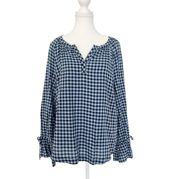 TALBOTS Blue Gingham Check Pullover Blouse Top Lon Sleeve Size Medium - Picture 1 of 6